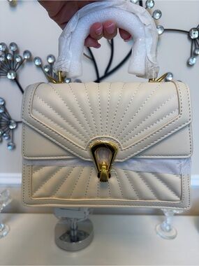 Cream Quilted Top-Handle Satchel with Gold Hardware